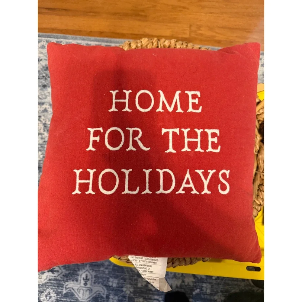 Red Square Pillow Home For The Holidays Embroidered Christmas Accent